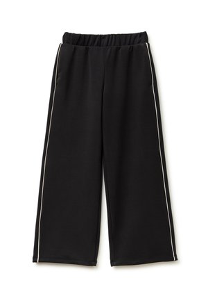 Pantaloni neri a gamba larga con elastico in vita e strisce laterali bianche, stesi su uno sfondo bianco.