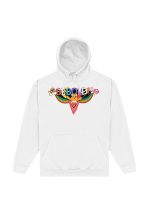 Sudadera blanca con un gráfico colorido que incluye el texto "¡SE VALIENTE!" y diseños de dibujos animados, que incluyen acentos de arcoíris y una ilustración de un oso.