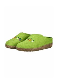 Green felt clogs with floral embroidery featuring carrots and radishes. Cork soles provide texture and contrast. Slip-on design for easy wear.