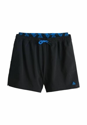 Black swim shorts with elastic waist, blue drawstring, patterned blue inner lining, and small blue logo on bottom left leg.