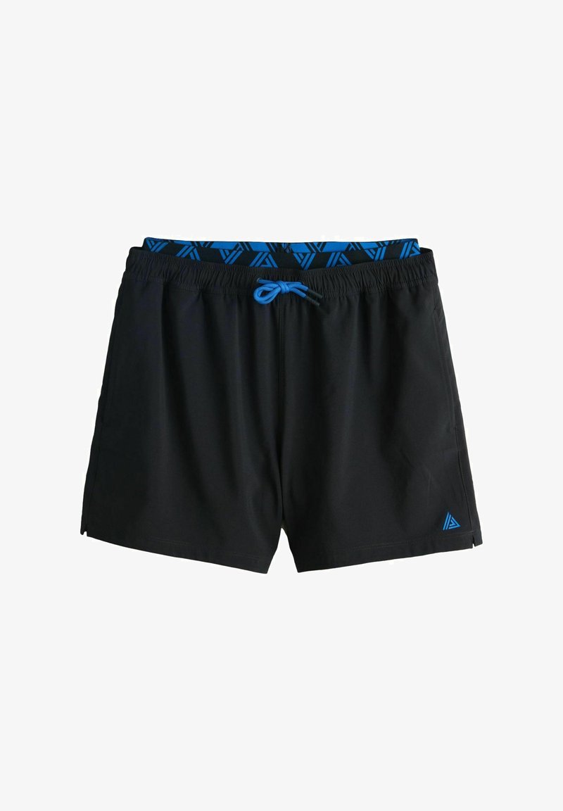 Shorts de bain noirs avec taille élastique, cordon bleu, doublure intérieure bleue à motifs et petit logo bleu sur la jambe inférieure gauche.