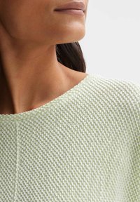 Hellgrüner, strukturierter Strickpullover mit Rundhalsausschnitt, der ein leicht erhobenes Muster und nahtlose Kanten aufweist.