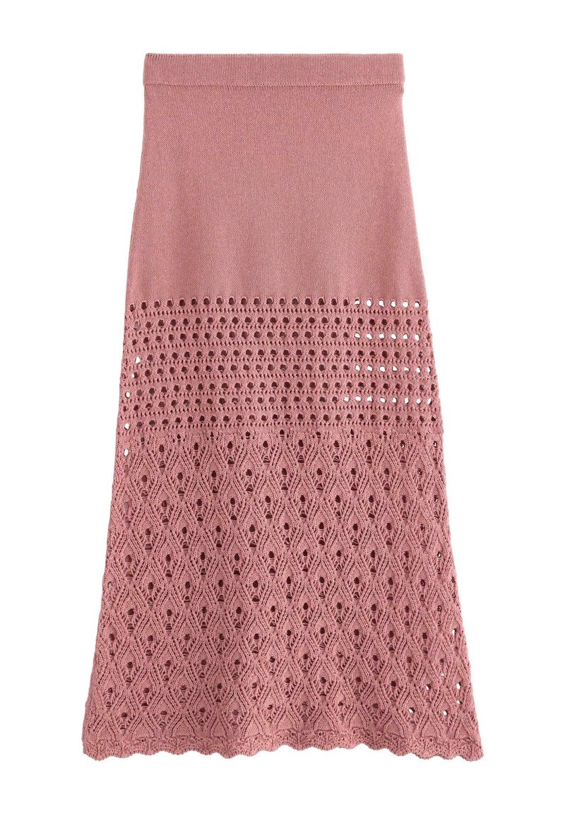 Gonna rosa lavorata a maglia con un motivo testurizzato caratterizzato da design traforati; orlo a scallop con vita aderente.