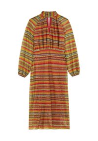 Punainen, vihreä ja keltainen kuvioitu mekko, jossa on pitkät hihat, korkea kaula-aukko ja gathered vyötärö. Edessä on avaus, jossa on avainreikä.