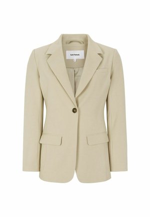Beige skræddersyet blazer med klapkrave, enkel knaplukning, to forlommer og en brystlomme; glat tekstur og struktureret design.