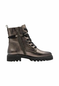 Bottine en bronze métallique avec lacets noirs, fermeture éclair latérale et semelle noire robuste. Présente une texture lisse et un design à bout rond.