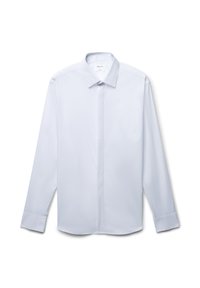 Camicia bianca a maniche lunghe con un sottile placket verticale, colletto classico e polsini con bottoni. Tessuto morbido e leggero.