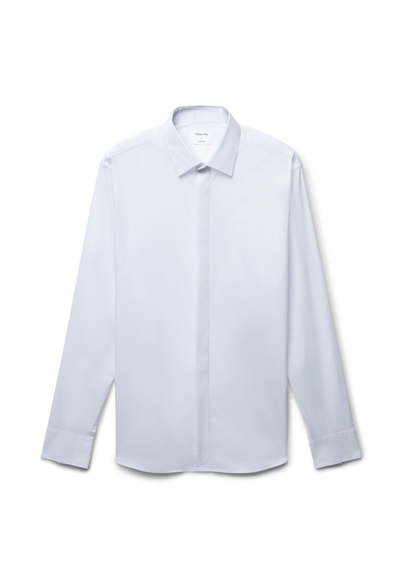 Camicia bianca a maniche lunghe con un sottile placket verticale, colletto classico e polsini con bottoni. Tessuto morbido e leggero.