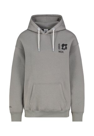 Grauer Kapuzenpullover mit einer Vordertasche, Kordelzugkapuze und schwarzen Grafiken sowie Logoakzenten auf der Brust und dem Ärmel.
