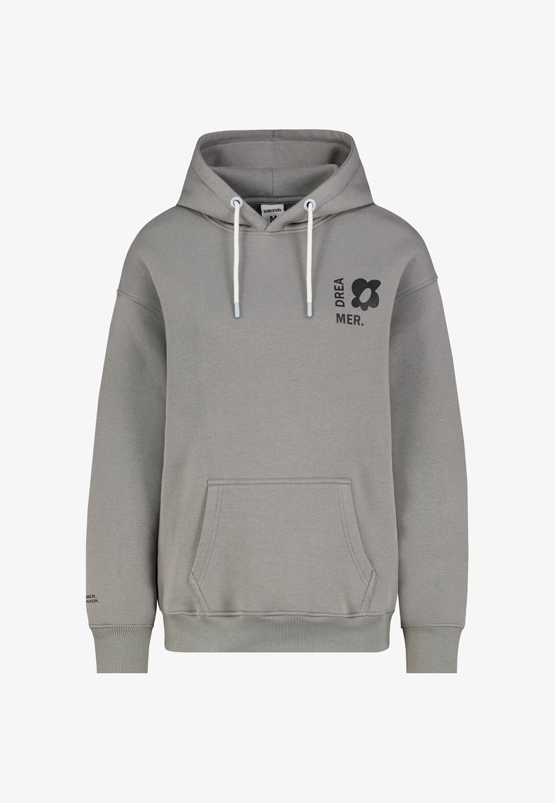 Grey hooded sweatshirt with a front pocket, drawstring hood, and black graphic text and logo accents on the chest and sleeve.