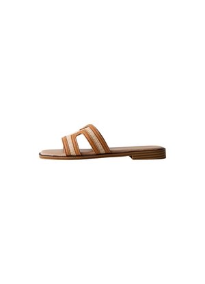 Brown leather slide sandal featuring two woven straps and a flat sole with a subtle stacked effect and beige accents.