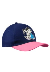 Dunkelblaues Baseballcap mit einem pinken Schirm, auf der Vorderseite mit einer Grafik von zwei Cartoonfiguren, aus einem leicht glänzenden Stoff gefertigt.