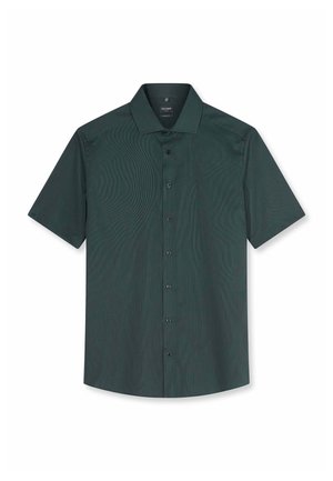 Dunkelgrünes kurzärmeliges Hemd mit Knopfleiste, einem dezenten strukturierten Muster und klassischem Kragen, flach auf einem weißen Hintergrund dargestellt.