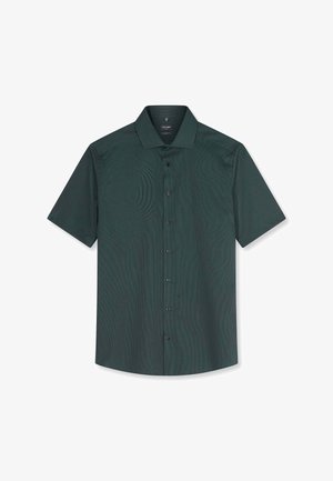 Dunkelgrünes kurzärmeliges Hemd mit Knopfleiste, einem dezenten strukturierten Muster und klassischem Kragen, flach auf einem weißen Hintergrund dargestellt.