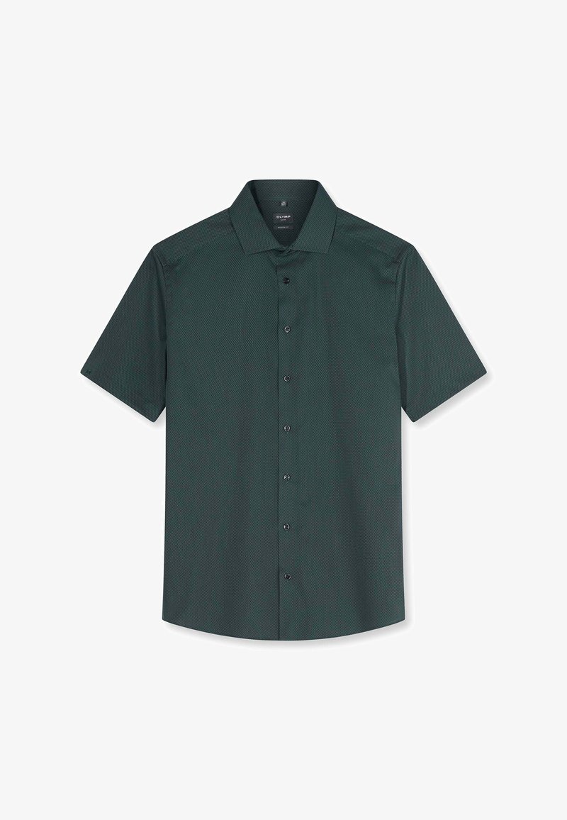 Chemise boutonnée à manches courtes de couleur vert foncé avec un motif texturé subtil et un col classique, présentée à plat sur un fond blanc.