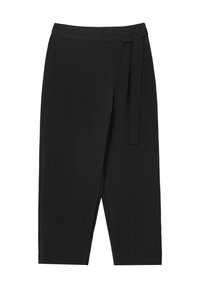 Pantaloni neri a gamba larga con vita alta, dotati di una cintura da annodare e una texture liscia. Chiusura frontale senza fasce visibili.