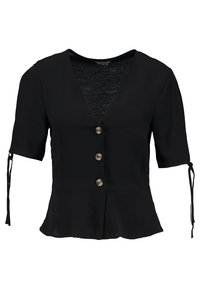 Lyhythihainen musta paita V-pääntiellä, viisi kultakynttä edessä, sidotut hihat ja peplum-helma. Sujuva kankaan rakenne.
