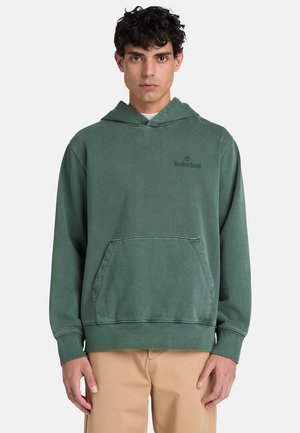 Junger Mann trägt einen grünen Timberland-Hoodie mit Fronttasche und beigen Hosen, steht vor einem einfarbigen hellen Hintergrund.