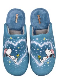Zapatillas de lana azul con una textura suave, que presentan diseños de Snoopy y Woodstock rodeados de patrones de estrellas y una forma de corazón.