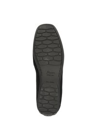 Schwarze Schuhsohle mit einer strukturierten Gumm-Oberfläche. Verfügt über ein geripptes Muster für besseren Halt und die Prägung "Sioux seit 1854" an der Seite.