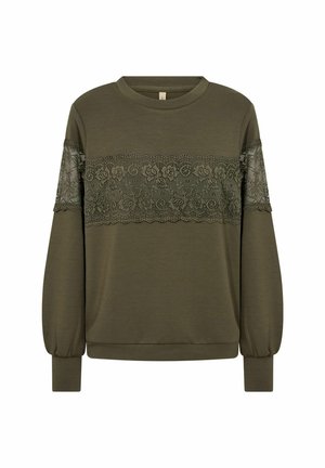 Felpa verde oliva realizzata in tessuto morbido, con una banda di dettagli in pizzo che attraversa il petto e le maniche, dal fit rilassato e scollo rotondo.