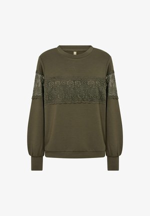 Olijfgroene sweatshirt van zacht materiaal, met een kanten detailband over de borst en mouwen, met een relaxte pasvorm en een ronde halslijn.