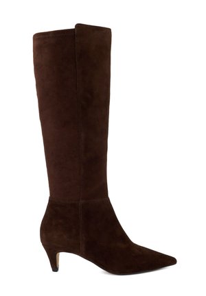 Botte haute en daim marron foncé jusqu'au genou avec un bout pointu et un petit talon kitten sur fond blanc.