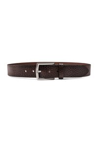 Brown leather belt featuring a textured finish, silver metal buckle, and several adjustment holes along the length.