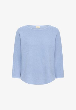 Világoskék kötött pulóver kerek nyakkivágással és háromnegyedes ujjakkal. Puha tapintású és laza fazonú.