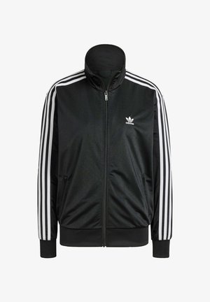 Zwarte jas van gladde stof met een hoge kraag, met witte driekleurige accenten op de mouwen en een klein wit logo op de borst.