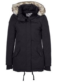 Black parka jacket with a faux fur-lined hood, zip closure, two front pockets, drawstring waist, and ribbed cuffs. Smooth fabric texture.