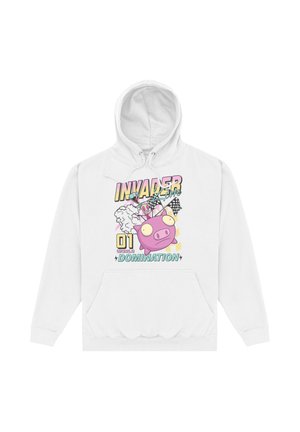 Biała bluza z kapturem z postacią z kreskówki - różową świnką, flagi wyścigowe, dym oraz napis "INVADER 01 WORLD DOMINATION" kolorowymi, pogrubionymi literami.