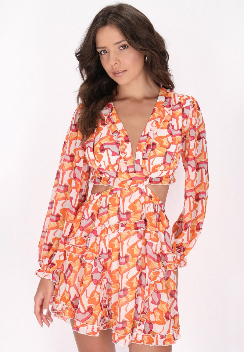 Mini-jurk met bloemenpatroon en lange mouwen. Heeft een diepe V-hals, een uitgesneden taille en een gekruide zoom in oranje, roze en witte kleuren.