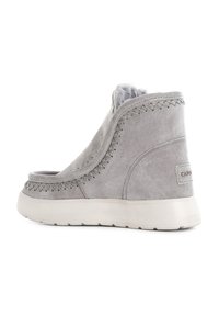 Botas de tobillo de ante gris con forro de piel, que presentan costuras decorativas y una suela blanca acolchada. Etiqueta lateral con el nombre de la marca visible.