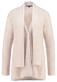Vaaleanbeige avoin neulecardigan, jossa on pitkät hihat ja teksturoitu ribbikuvio.
