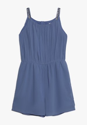 Blå ærmeløs playsuit med plisseret overdel og pyntede tynde skulderstropper, som har en tætsiddende talje og løse shorts.