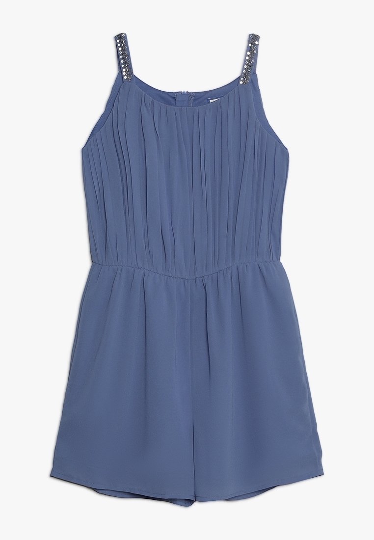 Combinaison bleue sans manches avec corsage plissé et fines bretelles ornées, dotée d'une taille ajustée et d'un short ample.