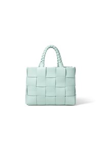 Mintgroene geweven leren tas met een rechthoekige vorm, voorzien van een gevlochten handvat en een roosterachtige textuur op het oppervlak.