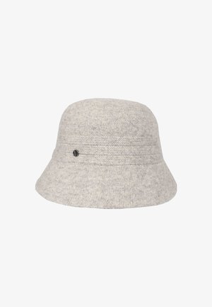 Gray wool bucket hat with a textured finish, featuring a stitched band and a small logo accent on the side.