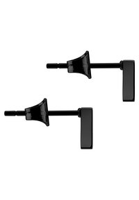 Boucles d'oreilles noires en forme de clou, présentant un design géométrique avec un accent rectangulaire plat, fabriquées à partir d'un matériau lisse et brillant.