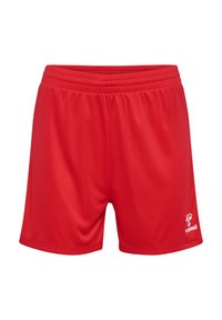 Röda sportshorts i mjukt, lätt tyg. Har elastisk midjeresår och en liten vit logga på nedre högra sidan.
