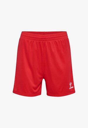 Rode atletische shorts gemaakt van glad, lichtgewicht materiaal. Voorzien van een elastische tailleband en een klein wit logo aan de onderkant aan de rechterkant.