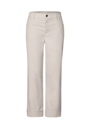 Pantalon beige cropped à jambes droites avec fermeture à bouton, passants pour ceinture, poches avant et ourlets retroussés.