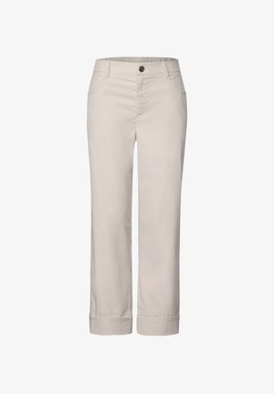 Pantalon beige cropped à jambes droites avec fermeture à bouton, passants pour ceinture, poches avant et ourlets retroussés.