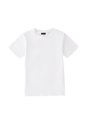 Maglietta bianca semplice a maniche corte con collo tondo e etichetta nera visibile all'interno del collo su sfondo bianco.