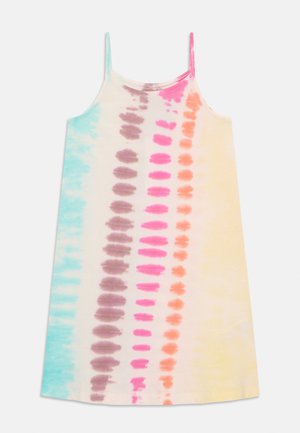 Ärmelloses Batikkleid mit einem Farbverlauf aus Blau, Pink, Orange und Gelb, versehen mit runden Mustern und aus leichtem Stoff.