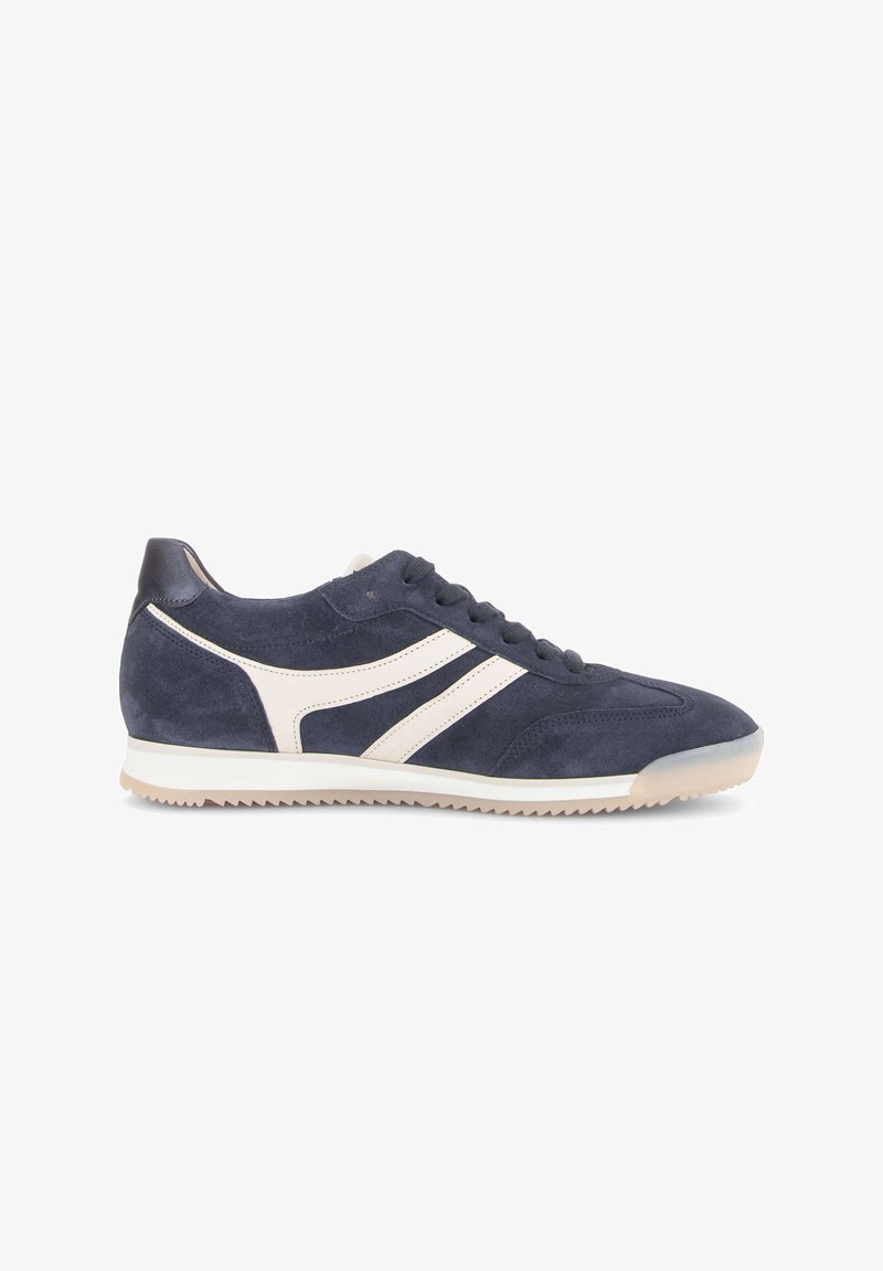 Navy blue suede sneaker with white leather stripes, lace-up front, and beige rubber sole with ridged edges.