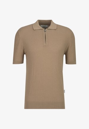 Beige short-sleeve knit polo shirt with textured pattern, zipper at collar, and small fabric brand tag on the side hem.