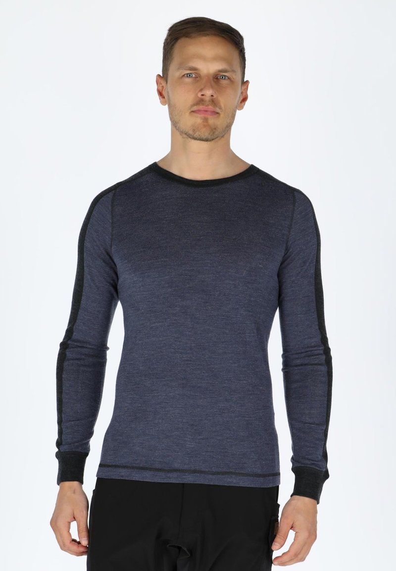 Long-sleeve navy blue shirt with dark gray accents on shoulders and cuffs. Soft fabric, fitted design, crew neck.