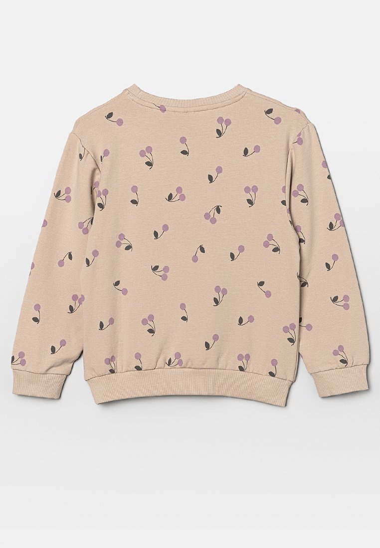Beige Sweatshirt mit langen Ärmeln, versehen mit einem verstreuten Muster aus lila Blumen und grünen Blättern. Gerippte Bündchen und Saum.